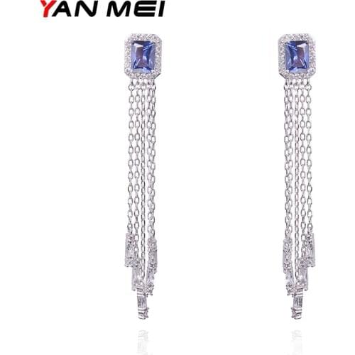 YAN MEI Women 2018 Long Tassel Square White Gold Color AAA CZ Dangle Earrings Luxury Jewelry GLE6862Y