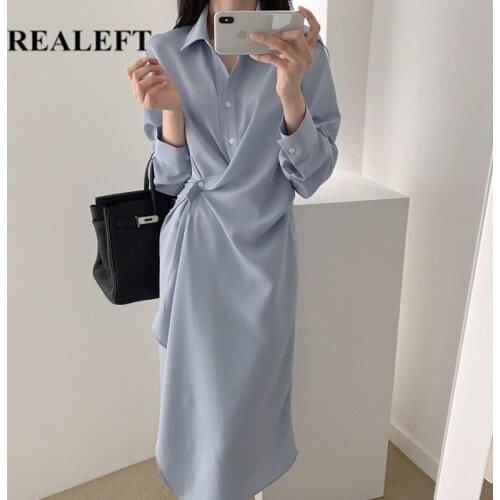 REALEFT 2021 New Spring Autumn Irregular Womens Shirt Dress Chic Solid Long Sleeve Korean OL Casual Loose Shirt Dresses Lady