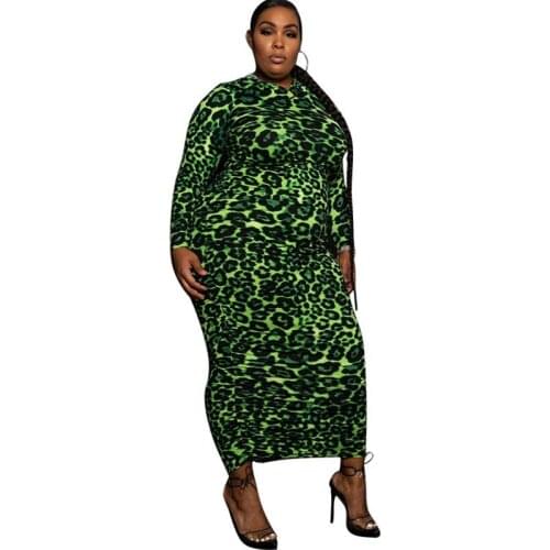 4XL Plus Size Women Dress Hooded Full Sleeve Ankle Length Robe Autumn New Green Leopard Print Oversize Street Style Casual Dress