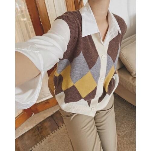 Womens Plaid Oversize Knitted Vest Sweater Y2k Tops Vintage Clothes Autumn Winter Blouse Cardigan Sleeveless Jacket Pullover Za