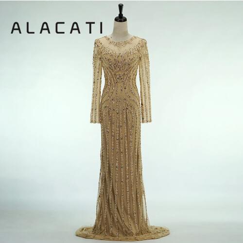 Gold long-sleeved long heavy-duty handmade beaded fashion fishtail evening dress 2019 new dinner party evening dress