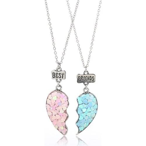 2pcs/set Fashion Creative Alloy Sequin Heart Necklace For Students Children Cute Friendship Jewelry Bracelet Best Friend Gift