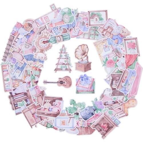 59pcs Watercolor Waterproof Aesthetic Bookshelf Book Doll Hourse Vintage Home Furniture Planner Journal Scrapbook Sticker Pack