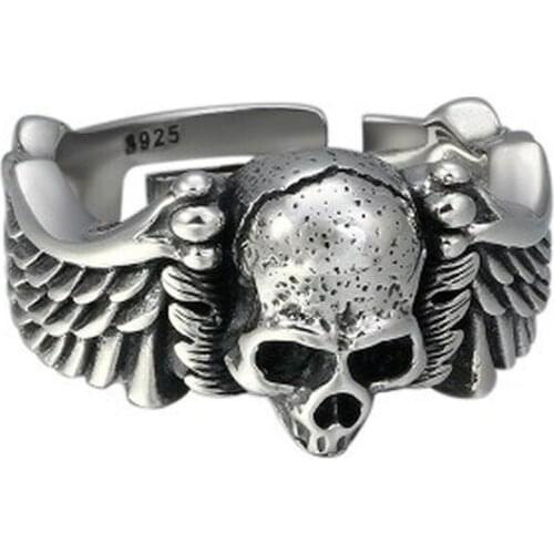 925 Sterling Silver Jewelry Punk Hiphop Skull Angel wings Initial Adjustable LOVE Ring