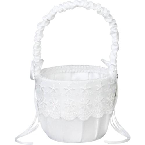 Satin Lace Embellished Wedding Party Anniversary Flower Girl Basket White