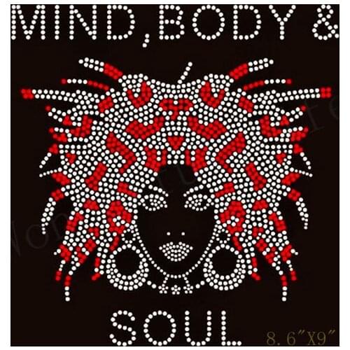 Free shipping hotfix rhinestones transfer MIND BODY & SOUL AFRO GIRL RHINESTONE TRANSFER for clothing