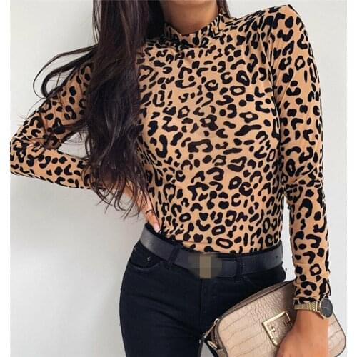 Women Blouses Fashion Leopard Print Turtle Neck Blouse Autumn Long Sleeve Shirts Party Ladies Clothes Womens Blouses And Tops