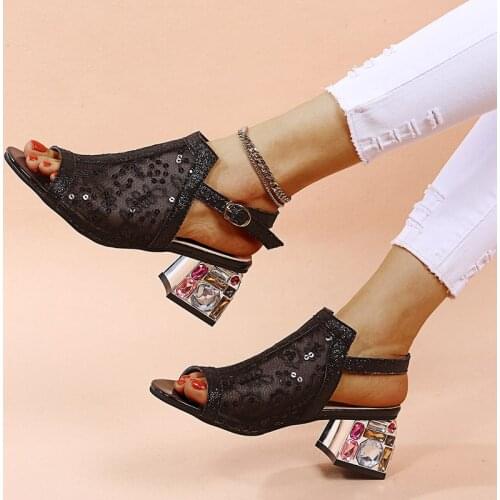 Women Summer Sandals Shoe Fashion Mesh Embroidered Solid Outer Wear Shallow Crystal Square Heel Slides Large Size 35-43
