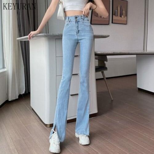 Split Denim Jeans Woman High Waist Y2k Pants Vintage Blue Trousers Female Chic Streetwear Summer Jeans for Woman Mom Flare Pants