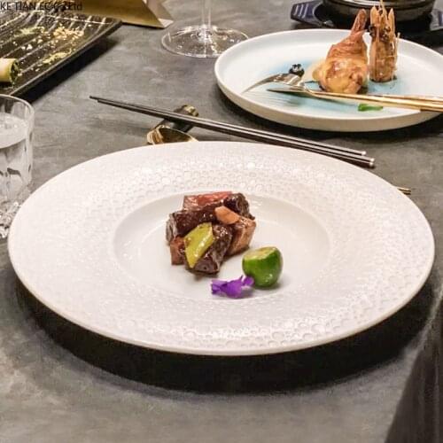 European Style Ramen White Ceramic Western Steak Plate Household Round Straw Hat Plate Fruit Dessert Plate Restaurant Tableware