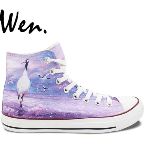Wen Hand Painted Canvas Sneakers Red-Crowned Cranes High Top Womens Canvas Sneakers for Birthday Gifts