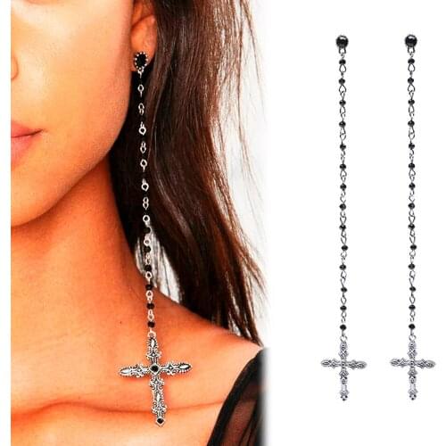 Catholic Religious Silver Plated Cross Black Crystal 6" Long Dangle Long Brincos Earrings For Women Oorbellen Jewelry Orecchini