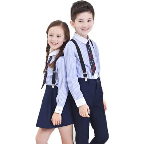 Boys Dress Suit School Uniform Kindergarten Chorus Performance Clothing Sets Kids Striped Shirts Pants Strap Tie 4PCS Outfits