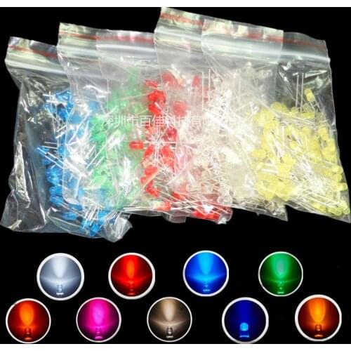 100pcs/box 3mm LED Diode Assorted Kit White Green Red Blue Yellow Orange Pink Purple Warm white DIY Light Emitting Diode