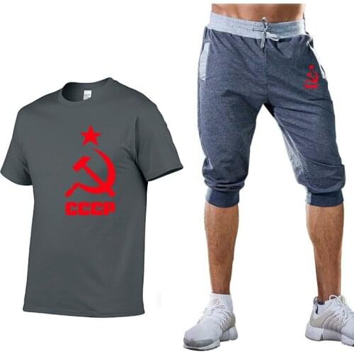 Summer Mens T-shirt CCCP Russian USSR Soviet Union Casual Short Sleeve Round Neck Cotton Mens T-shirt+pants 2 piece suit