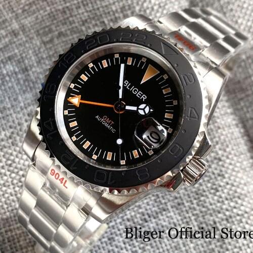 BLIGER GMT Selfwinding Men Watch Orange Index Brushed YM Insert 40mm Business Wristwatch Oyster Steel Bracelet Screw Crown