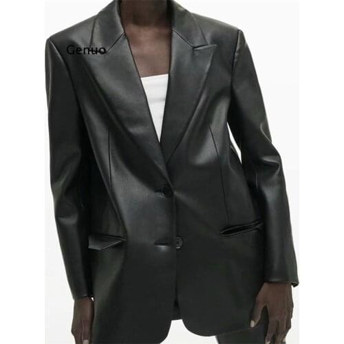Autumn Boyfriend Style Ladies Pu Black Suit Long-Sleeved Loose Contour Two-Button Long-Sleeved Leather Blazer