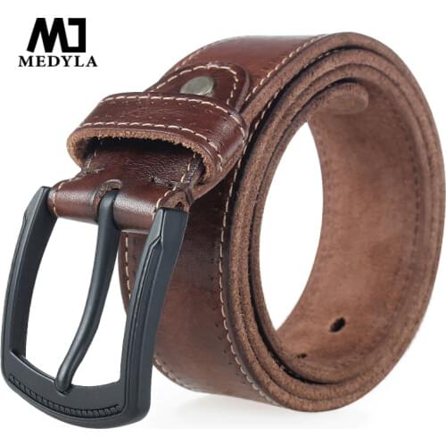 MEDYLA brand mens belt high quality natural genuine leather belts for men hard metal matte black pin buckle real leather belt