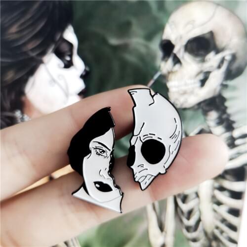 Skeleton Couple PinsRomantic Love Badges Halloween Brooches Skull and Women Face Lapel Pins Brooches for Lover Couple