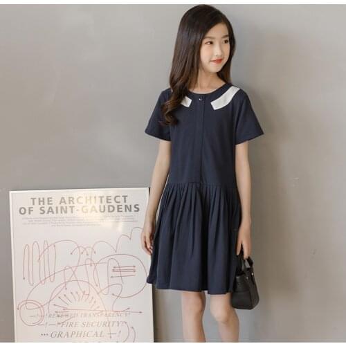 8 10 years Kids Girls Short Sleeve School Cotton Dress White Navy Color Teen Girls Summer Clothes