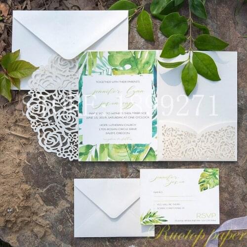 Pearl white Rose Laser Cut Pocket Wedding Invitations Freeprinting With Envelope and Rsvp card small envelope