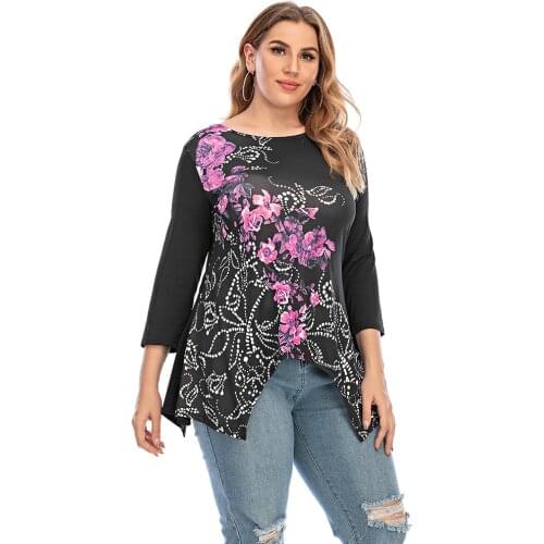 Sale Fashion Floral Printed Casual T-shirt Women O-Neck 3/4 Sleeve Plus Size Tops Autumn Irregular Hem Tees chemisier femme