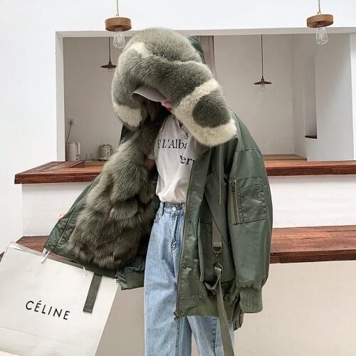RosEvans Brand New Waterproof Bomber Parka Real Fox Fur Coat Women 2020 Winter Loose Fox Fur Liner Mid-length Hooded Outerwear