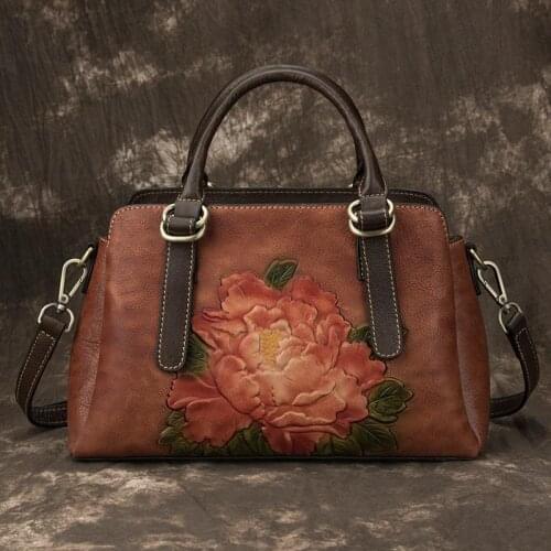 Female Genuine Leather Hand Embossing Handbag Retro Women Bag 2021 New High Quality Nature Cowhide Shoulder Crossbody Bags Bolsa