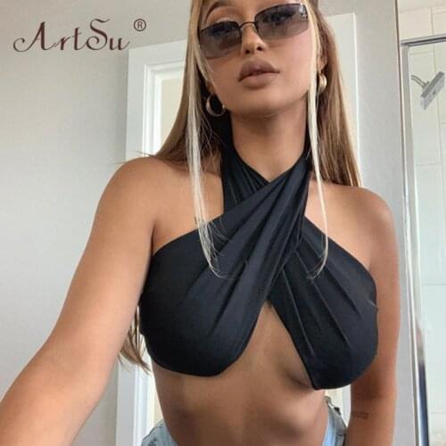 ArtSu Black Halter Sexy Bustier Strapless Wrap Crop Tops Women Fashion Ruched Tube Top Cropped Feminino Club Tank Top Streetwear
