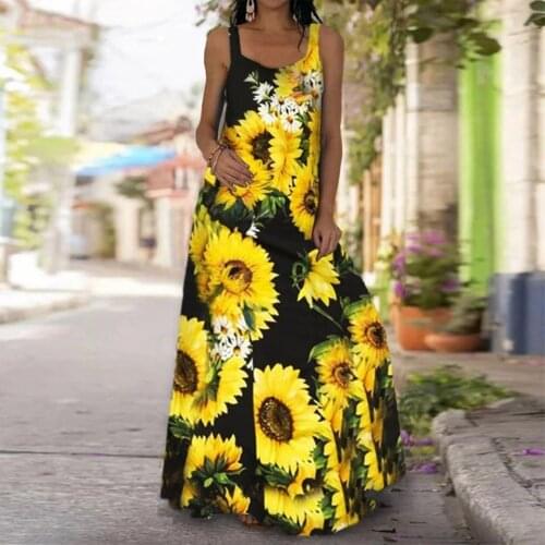 Women Summer Dress Sunflower Maxi Dresses Bohemian Sleeveless Beach Long Sundress Womens Clothing 2021 New Fashion vintage