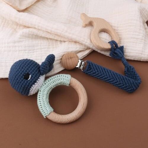 1 Set Baby Newborn Knitted Cotton Dolphin Wooden Ring Teether+Pacifier Clip Chain Dummy Holder DIY Crochet Rattle Bracelet Sooth
