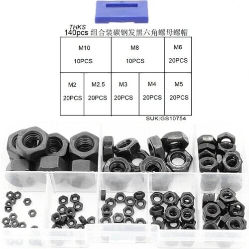 140pcs / box assembled carbon steel blackened hex nut M2-M10 series high strength hex nut