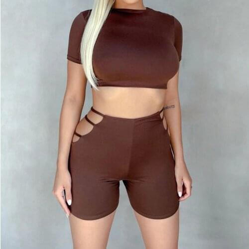 2021 Fashion Yoga Fitness 2Pcs Set Tracksuit Women Short Sleeve Crop Top+Hollow Out Shorts Casual Sport Outfit Suit Gym Clothing