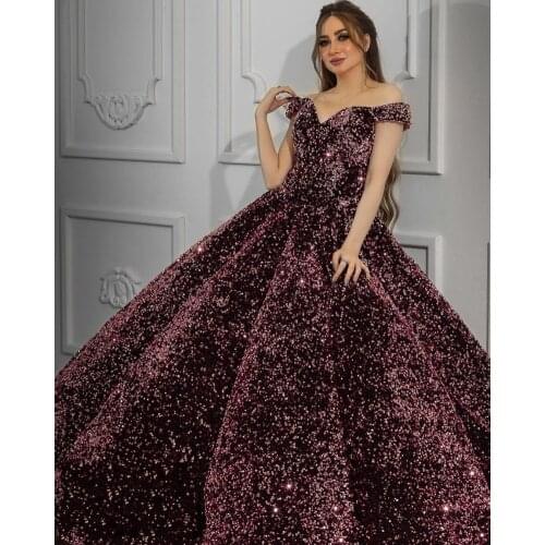 Arabic Ball Gown Evening Dresses Off the Shoulder Ruched Skirt Formal Prom Gowns Sequin robe de soirée de mariage 2021