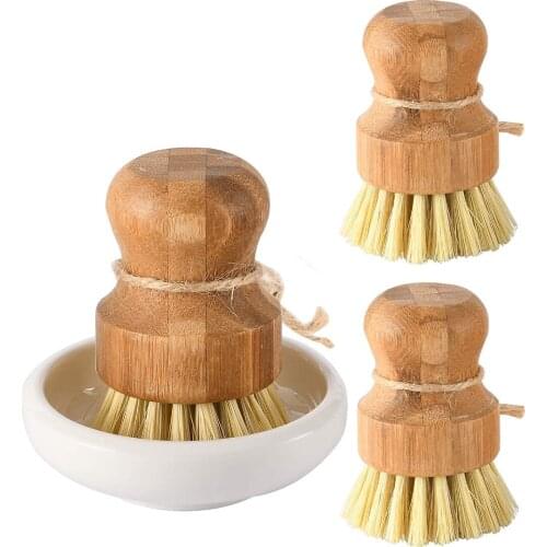Bamboo Dish Scrub Brushes, Kitchen Wooden Cleaning Scrubbers Set for Washing Cast Iron Pan/Pot, Natural Sisal Bristles, Set of 3