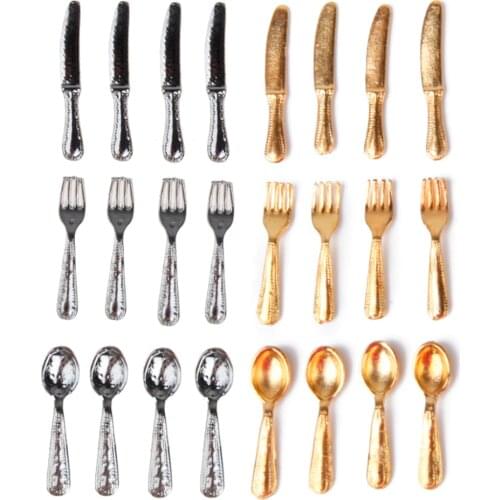 Free Shipping 1:12 Miniature 12PCS Knife Fork Spoon Set Silverware Tableware Cutlery Dollhouse Kitchen Accessories