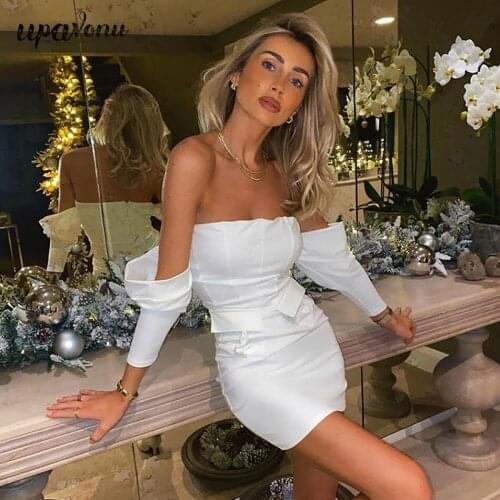 Free Shipping 2021 New Womens White Bandage Dresses Sexy Card Shoulder Long Sleeve Bodycon Mini Dress Club Night Party Vestidos