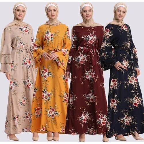 Floral Abaya Flare Sleeve Muslim Hijab Dress Long Maxi Robe Dubai Kaftan Kimono Ramadan Prayer Clothes Turkish Islamic Clothing