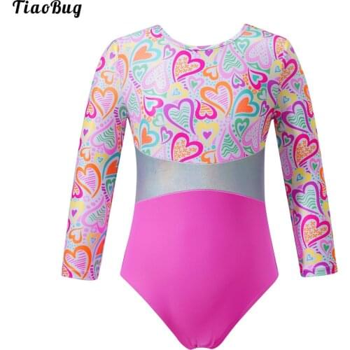 TiaoBug Summer Kid Girl One-Piece Swimwear Round Neck Long Sleeves Multicolor Print Patchwork Design Beach Pool Bathing Jumpsuit