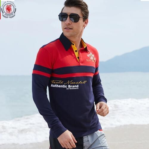 Fredd Marshall Europe Size Mens Long Sleeve Polo Shirt Autumn Full Sleeve Warm Shirt Casual Patchwork Printing Tops Blue 057