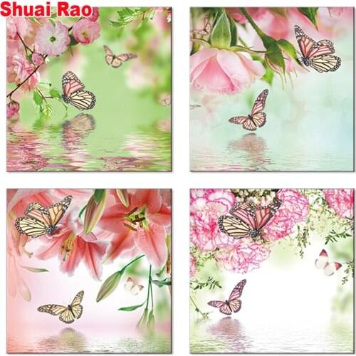 Full square round Diamond Embroidery 4 Panel butterflies Large Modern decor mosaic picture diamond Painting sale home decor