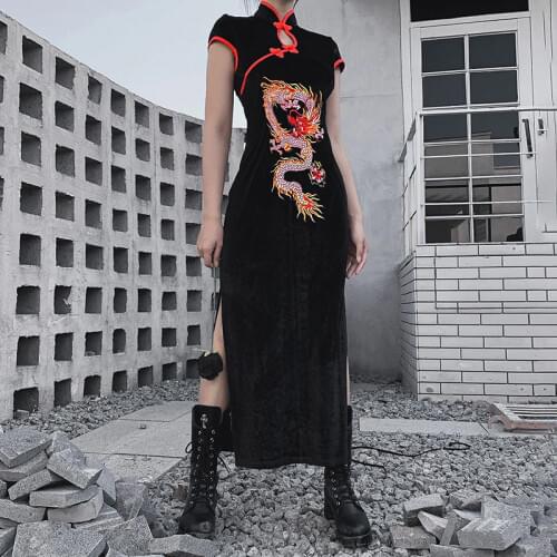 Chinese Stand Collar Gothic Dress Emboridery Dragon Qipao Black Vintage Evening Party Vestido Long Robe Cheongsam Black Sexy