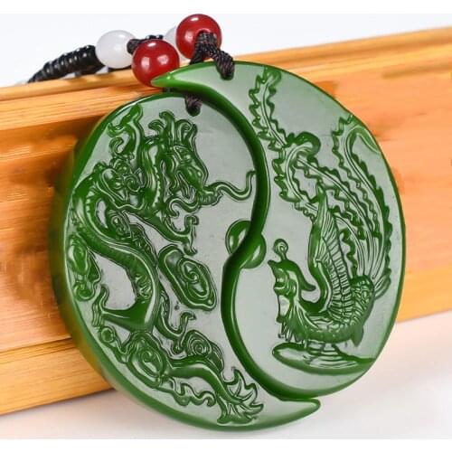 Chinese Green Jade Dragon Phoenix Jade Pendant Jewelry Lucky Auspicious Amulet Jade Necklace Pendants Jade Fine Jewelry