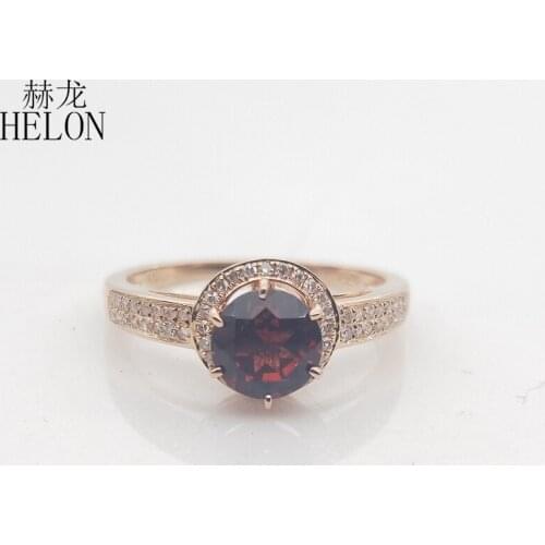 HELON Solid 14K Rose Gold Flawless 6mm Round Genuine Natural Garnet & Diamond Engagement Wedding Ring Women Fashion Fine Jewelry