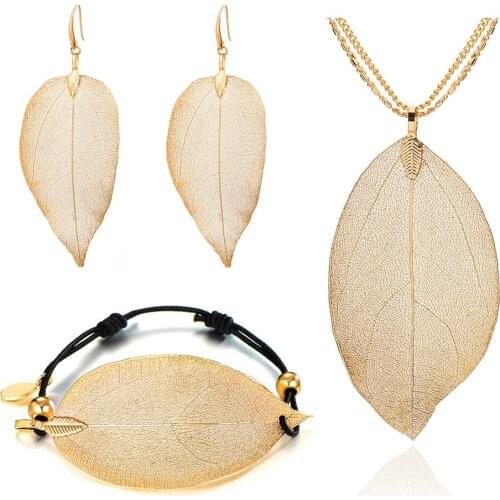 New Fashion Real Leaf Jewelry Sets Gold Color Charm Bracelet Long Necklace Drop Earrings Fashion Wedding Jewelry Gift For Women