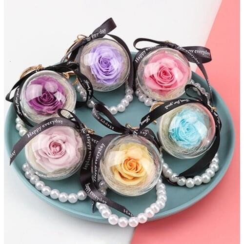 Creative Natural Preserve Flower Keychain Rose Acrylic Round Ball Pedant Hanging Pearl Keychain Valentines Day Wedding Gift