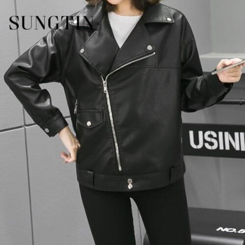 Sungtin Vintage Loose PU Leather Jackets Women Oversized Streetwear Punk Faux Female Jackets Moto High Street Causal Outwear