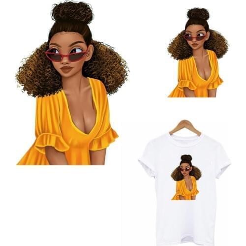 Fashion Black Girl Thermo Patches Heat Transfers DIY Girl T-shirt Hooides Iron On Patch For Clothes Beauty African Appliqued