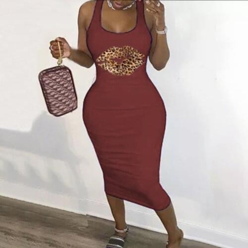 Fashion Leopard Print Lip Bodycon Sleeveless Midi Dress Women Spring Winter Sexy Party Club Dress Ladies Y2k Clubwear Clothes
