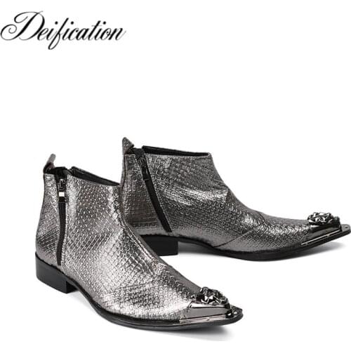 Deification Botas Hombre Winter Military Boots Fashion Two Zipper Design Cowboy Boots Mens Silver Snake Skin Leather Ankle Boots